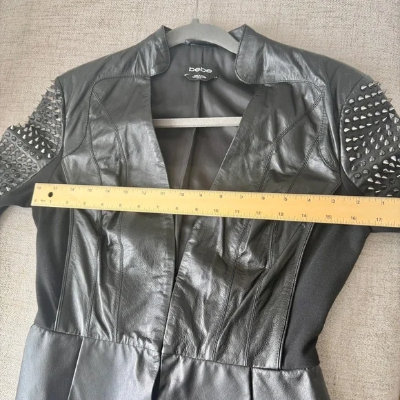 🌟 BEBE Black Genuine Leather Spiked Sleeves Peplum Moto Biker Jacket - Picture 9 of 16